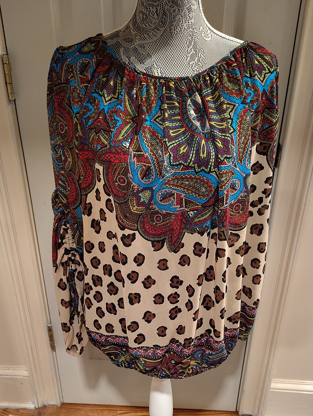 Nicole by Nicole Miller Multicolor Paisley & Leopard Peasant Blouse